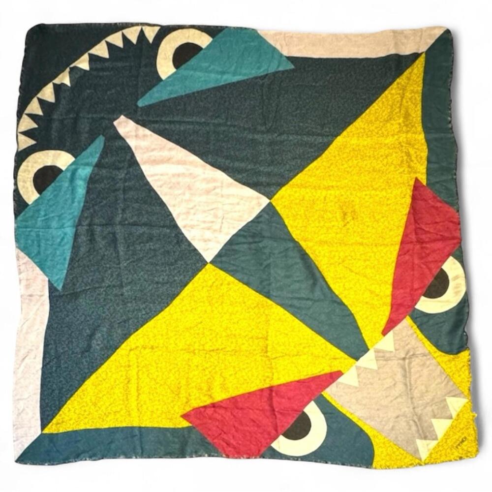 RARE Fendi Monster Scarf Wrap Shawl Lime Teal Logo Print Luxury Silk Wool - Picture 3 of 5